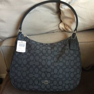 NWT COACH Black Smoke Signature Zippered Hobo